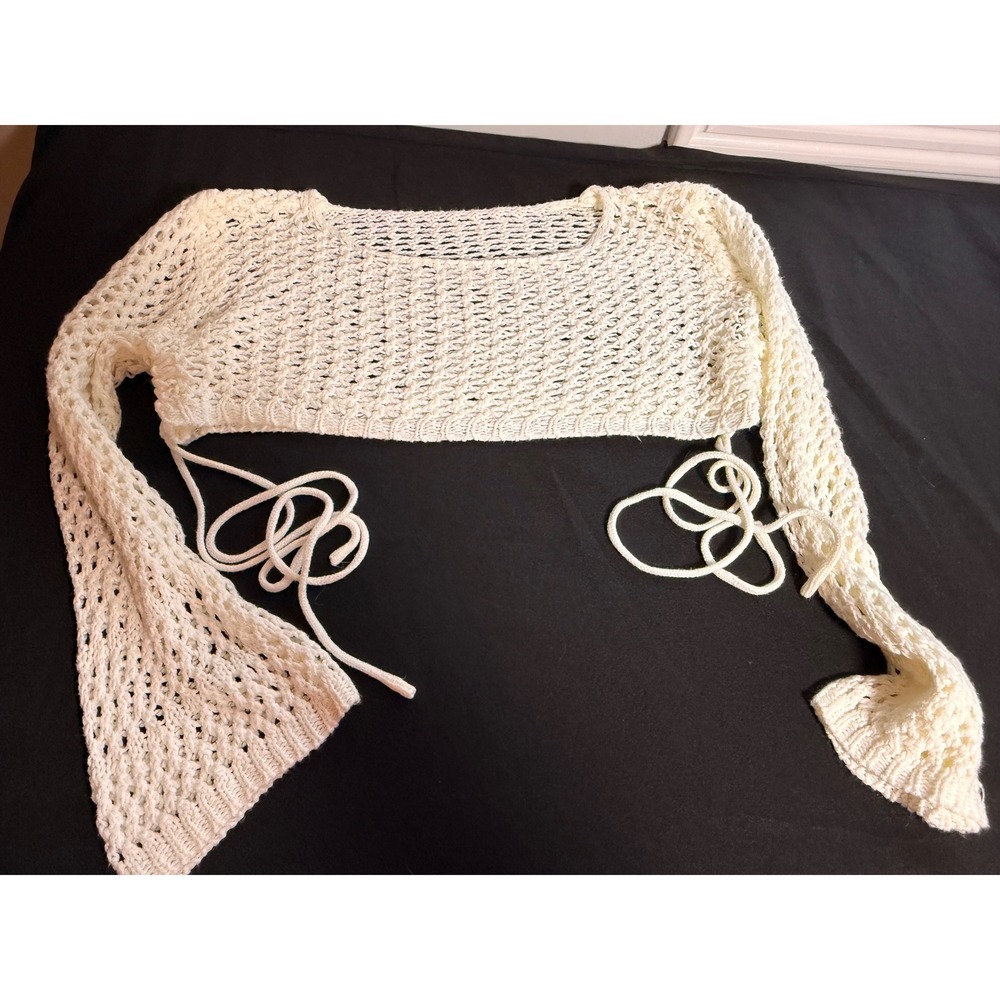 Boho Ivory Open Knit Crochet Crop Top Side Tie Bell Sleeve Cream Shrug
